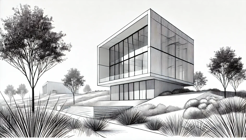 un bâtiment moderne, minimaliste et épuré, avec une structure géométrique originale