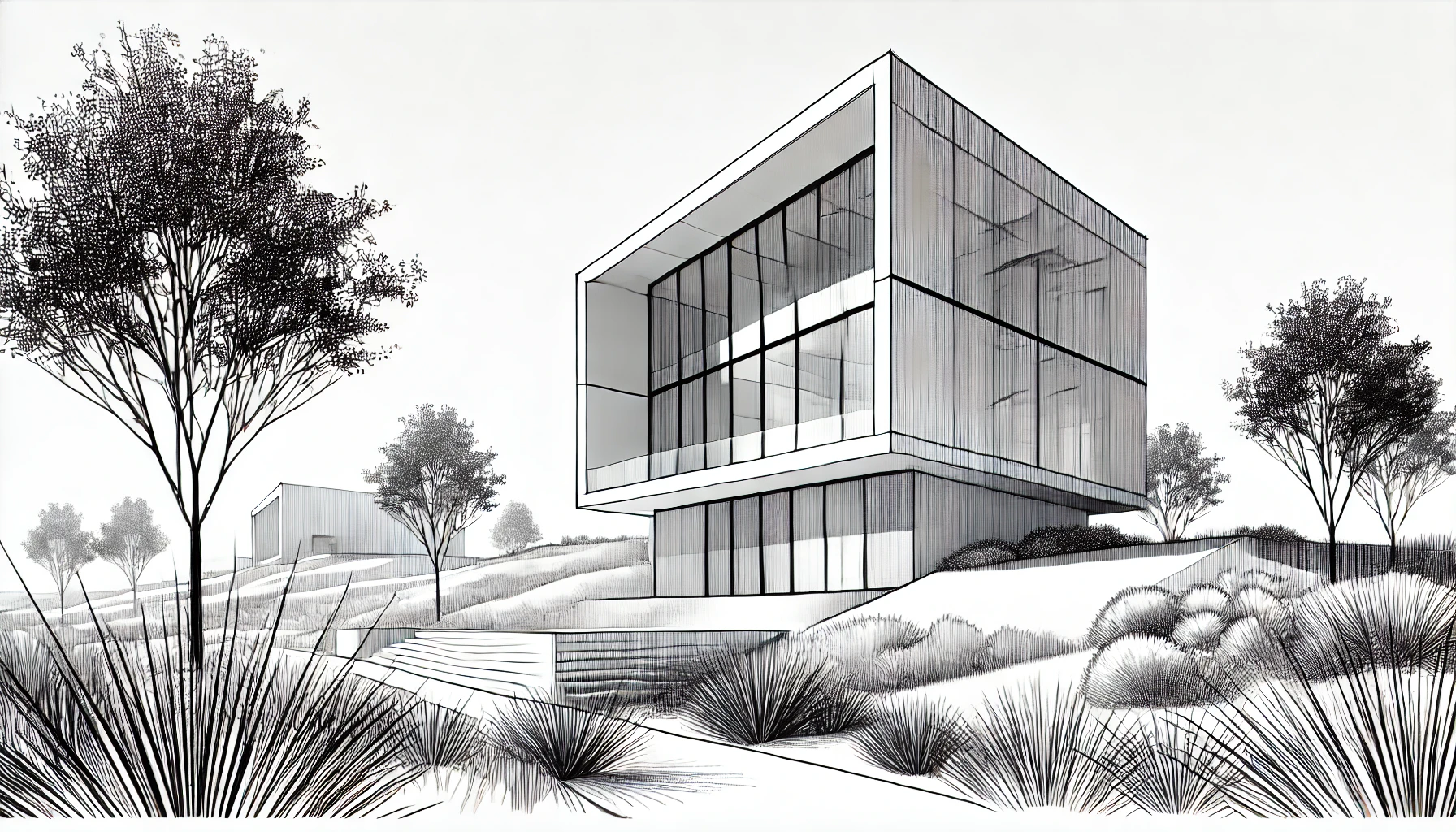 un bâtiment moderne, minimaliste et épuré, avec une structure géométrique originale