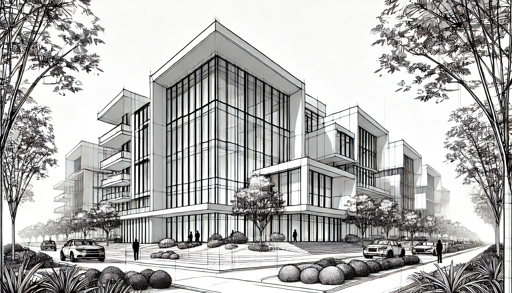 un bâtiment moderne et géométrique avec de grandes surfaces vitrées, entouré de végétation
