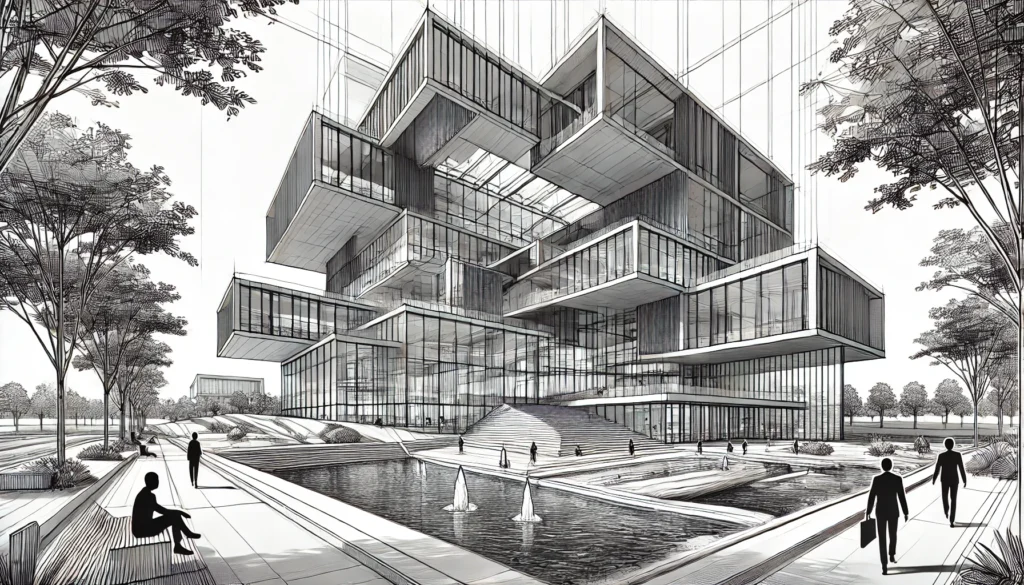 bâtiment moderne avec de grandes surfaces vitrées et une structure géométrique