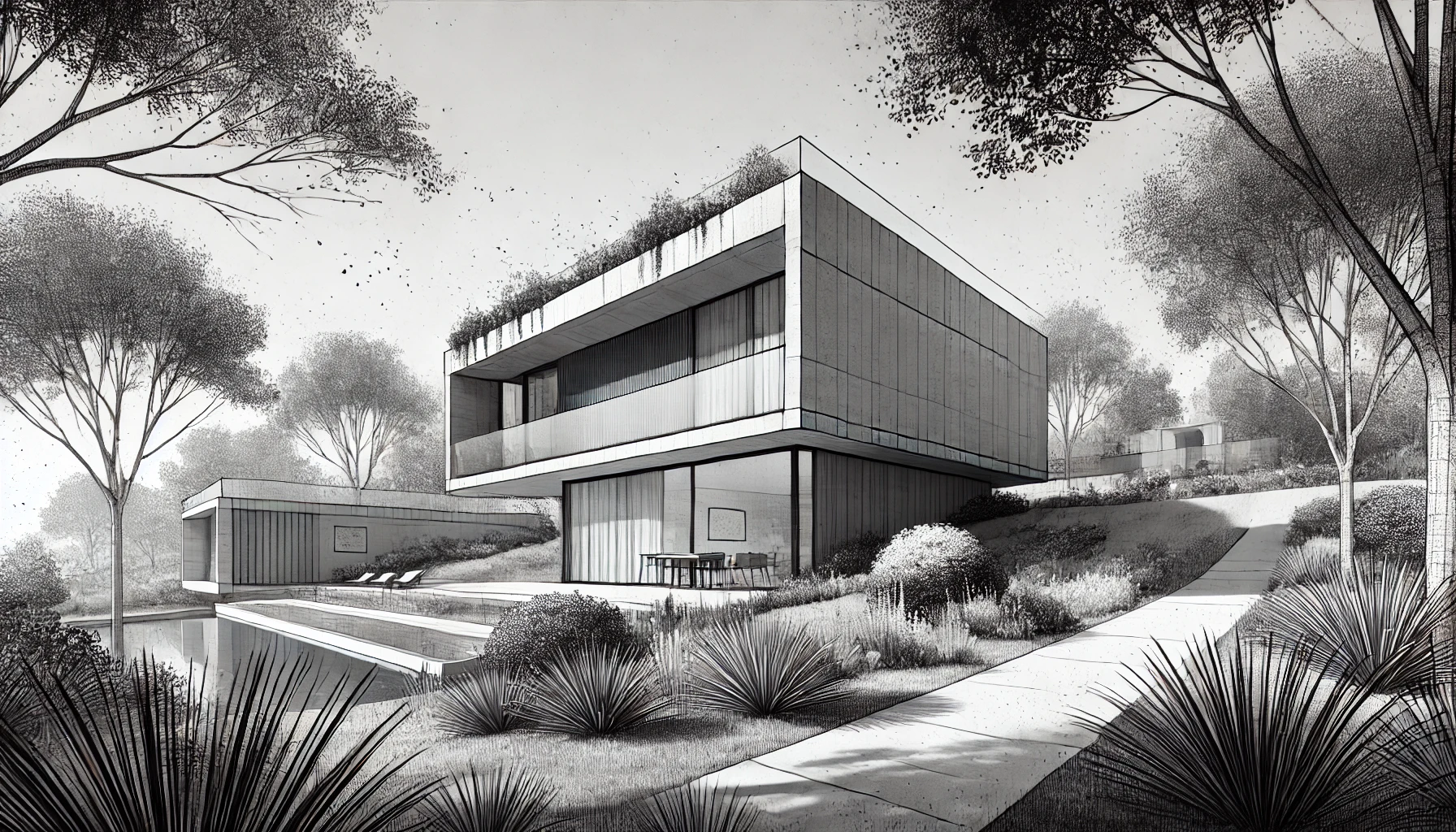 bâtiment contemporain en béton et bois avec toiture végétalisée, vue depuis l’arrière