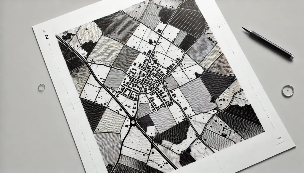 Carte topographique simplifiée en noir et blanc d’une petite commune rurale