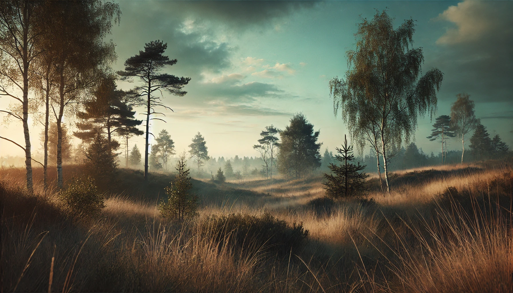 Photographie réaliste en couleurs naturelles d'un terrain vague ou d'une parcelle de terrain en zone rurale, avec de l'herbe, quelques arbres épars